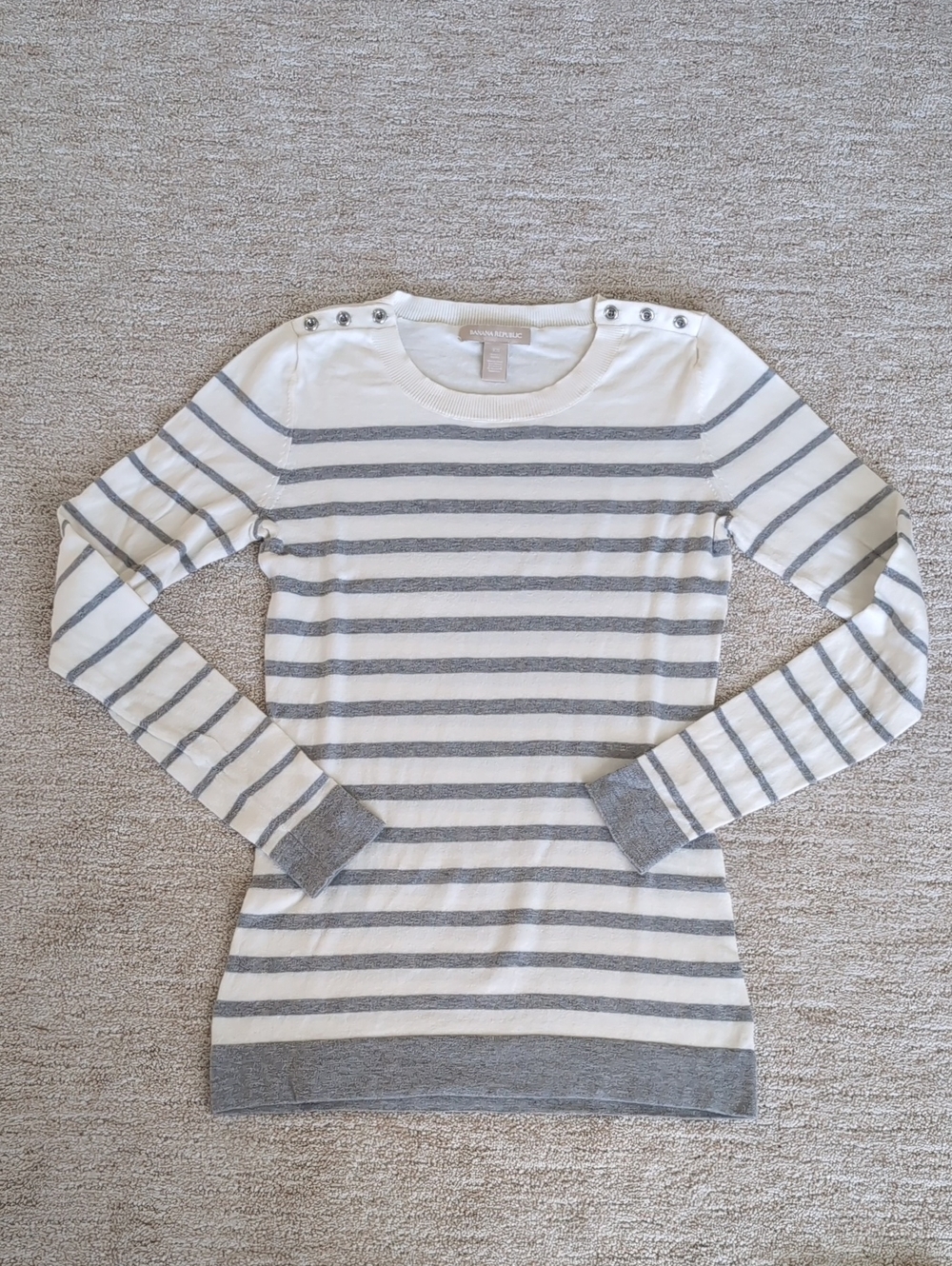 Cream and Gray Striped Sweater with Shoulder Buttons